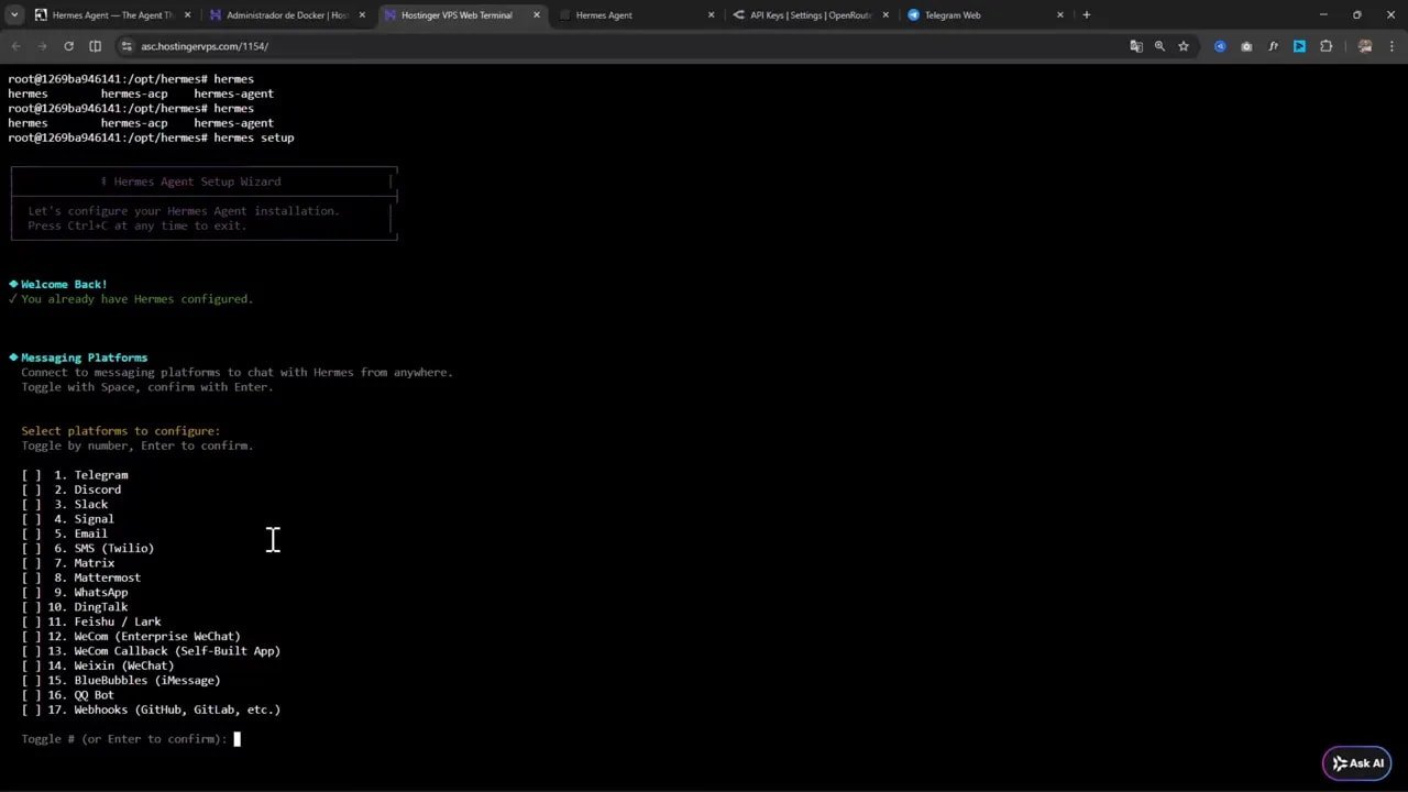 Cómo instalar Hermes Agent en tu VPS Hostinger y usarlo desde Telegram 6 Hermes Agent Setup Wizard mostrando Messaging Platforms y la lista de plataformas disponibles