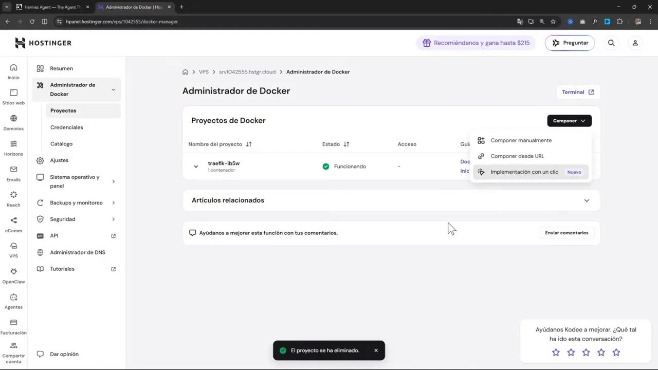 Cómo instalar Hermes Agent en tu VPS Hostinger y usarlo desde Telegram 2 Administrador de Docker de Hostinger mostrando el menú para implementación con un clic de proyectos