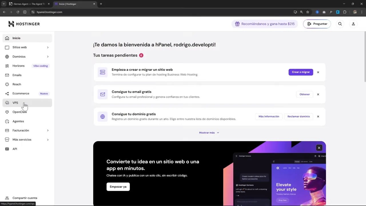 Cómo instalar Hermes Agent en tu VPS Hostinger y usarlo desde Telegram 1 Menú del hPanel de Hostinger con la opción VPS seleccionada