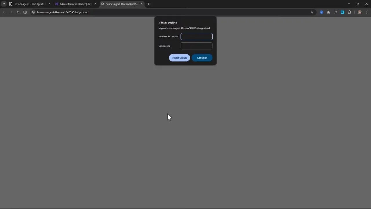 Cómo instalar Hermes Agent en tu VPS Hostinger y usarlo desde Telegram 3 Pantalla de inicio de sesión de Hermes Agent en la interfaz web