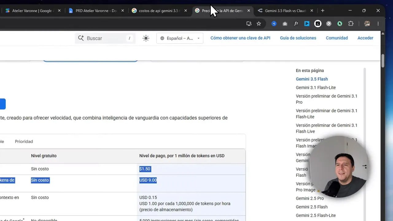 Gemini 3.5 Flash diseña mejor que Claude Opus 4.7 y GPT 5.5 6 Tabla de precios de Gemini 3.5 Flash en Google AI Studio con nivel gratuito y costo por 1 millón de tokens (entrada y salida)