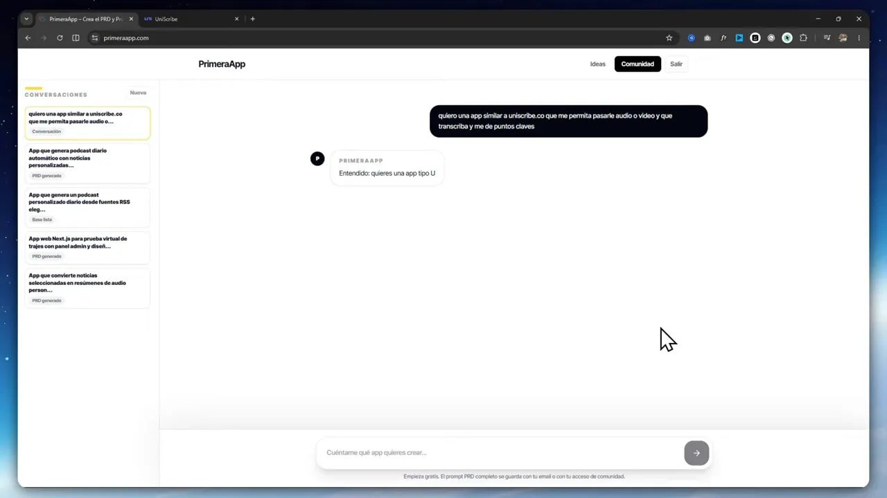 De idea a app con PrimeraApp: cómo convertir una idea en una app web funcional con vibe coding 1 Interfaz de PrimeraApp con la conversación y el prompt PRD para una app que transcribe audio y extrae puntos clave