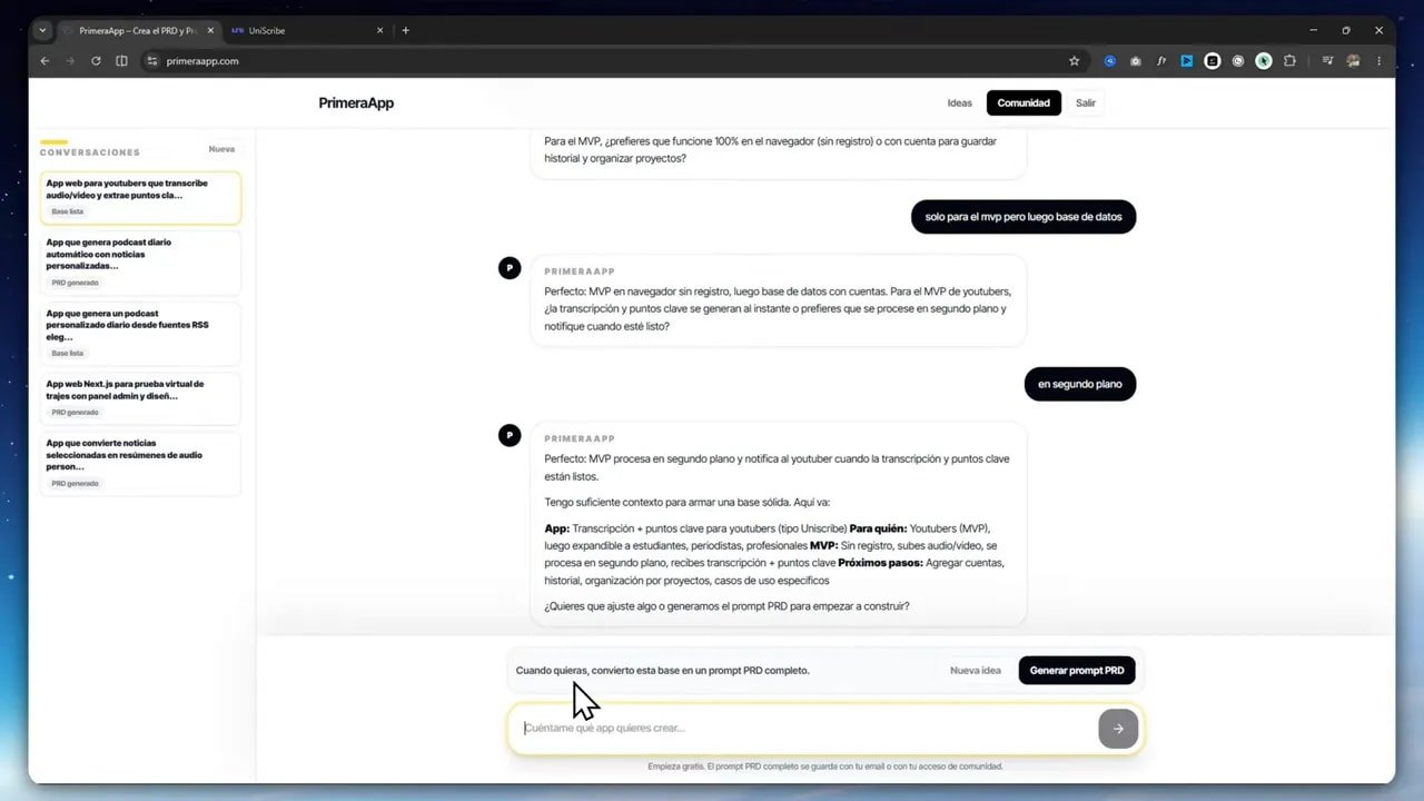 De idea a app con PrimeraApp: cómo convertir una idea en una app web funcional con vibe coding 2 Captura de PrimeraApp con el prompt de MVP para una app de transcripción y notificación al usuario