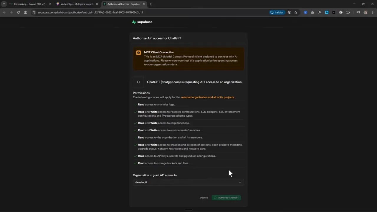 Crea tus propias apps con CODEX y deja de pagar herramientas que ya puedes construir tú mismo 3 Ventana de Supabase mostrando permisos para autorizar el acceso a la API de ChatGPT