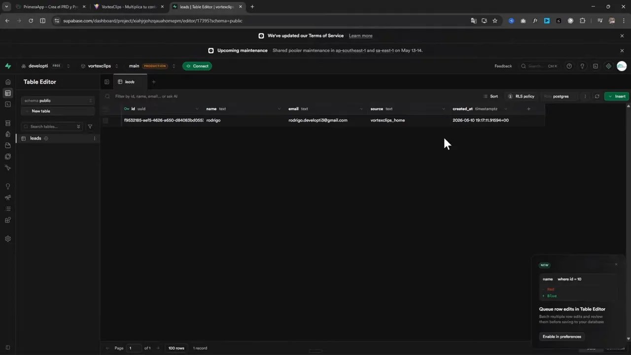 Crea tus propias apps con CODEX y deja de pagar herramientas que ya puedes construir tú mismo 5 Supabase Table Editor mostrando una fila en la tabla leads con nombre, email y created_at