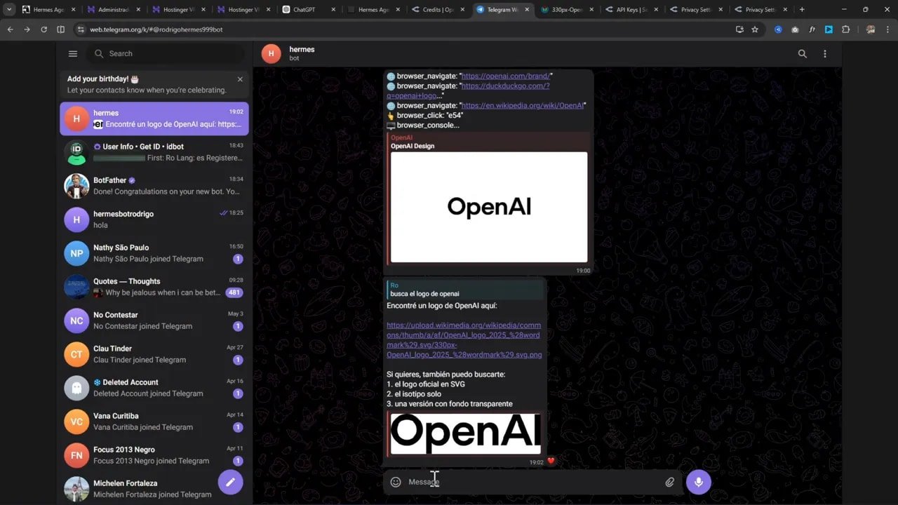 Cómo instalar Hermes Agent en tu VPS Hostinger y usarlo desde Telegram 11 Telegram Web con Hermes mostrando el logo de OpenAI encontrado durante la prueba