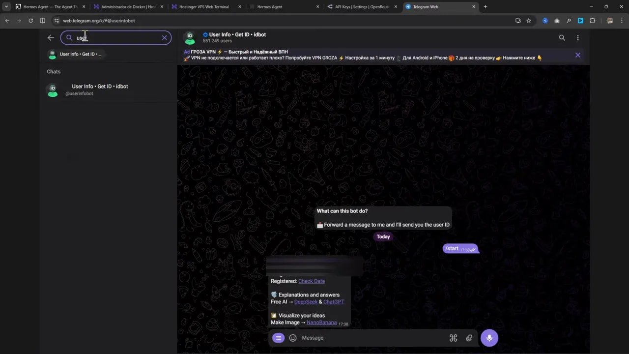 Cómo instalar Hermes Agent en tu VPS Hostinger y usarlo desde Telegram 8 Telegram Web mostrando el resultado de User Info Bot con el User ID para autorizar el acceso en Hermes