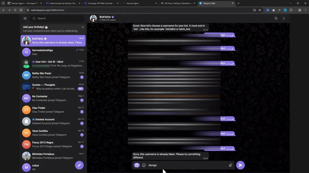 Cómo instalar Hermes Agent en tu VPS Hostinger y usarlo desde Telegram 7 Telegram Web con BotFather informando que el username del bot ya está tomado