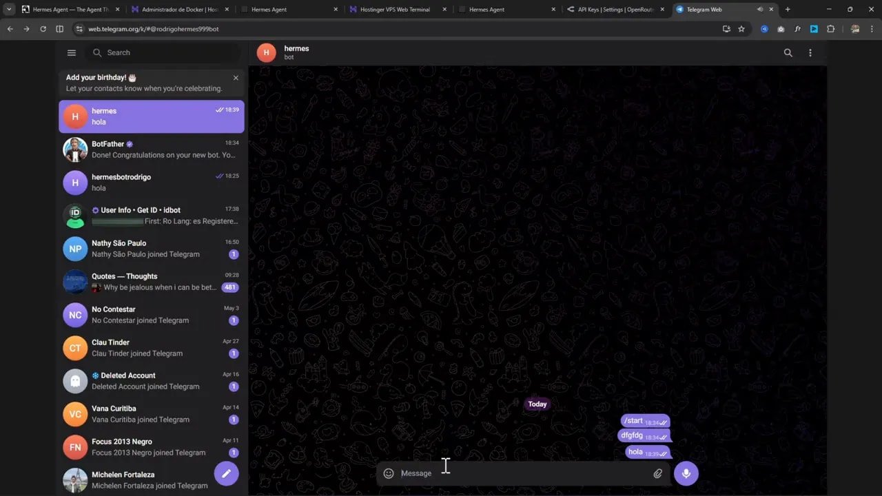 Cómo instalar Hermes Agent en tu VPS Hostinger y usarlo desde Telegram 9 Telegram Web mostrando el mensaje “hola” enviado al bot de Hermes