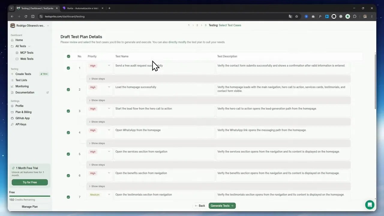 TestSprite 3.0 encuentra bugs ocultos con solo un link y gratis 4 TestSprite mostrando el borrador del plan de pruebas con varios pasos y descripciones