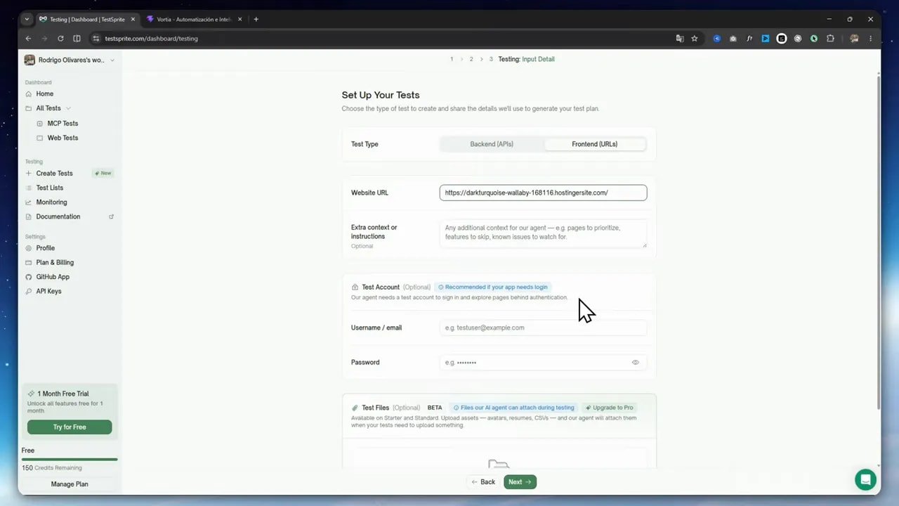 TestSprite 3.0 encuentra bugs ocultos con solo un link y gratis 3 Pantalla de configuración de TestSprite mostrando el campo Website URL, el tipo de test y opción para agregar contexto extra