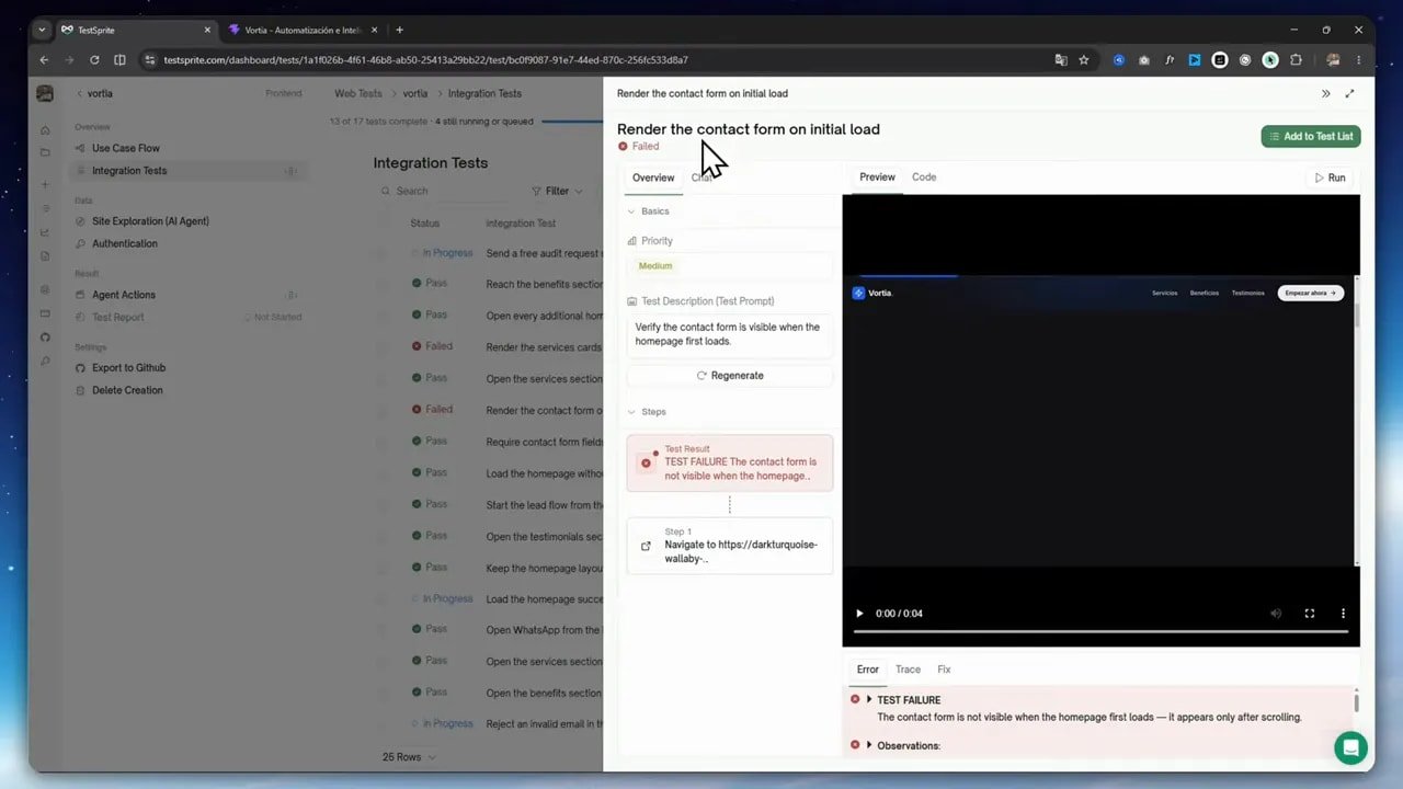 TestSprite 3.0 encuentra bugs ocultos con solo un link y gratis 5 TestSprite detecta que el formulario de contacto no se renderiza en la carga inicial (falla del test)