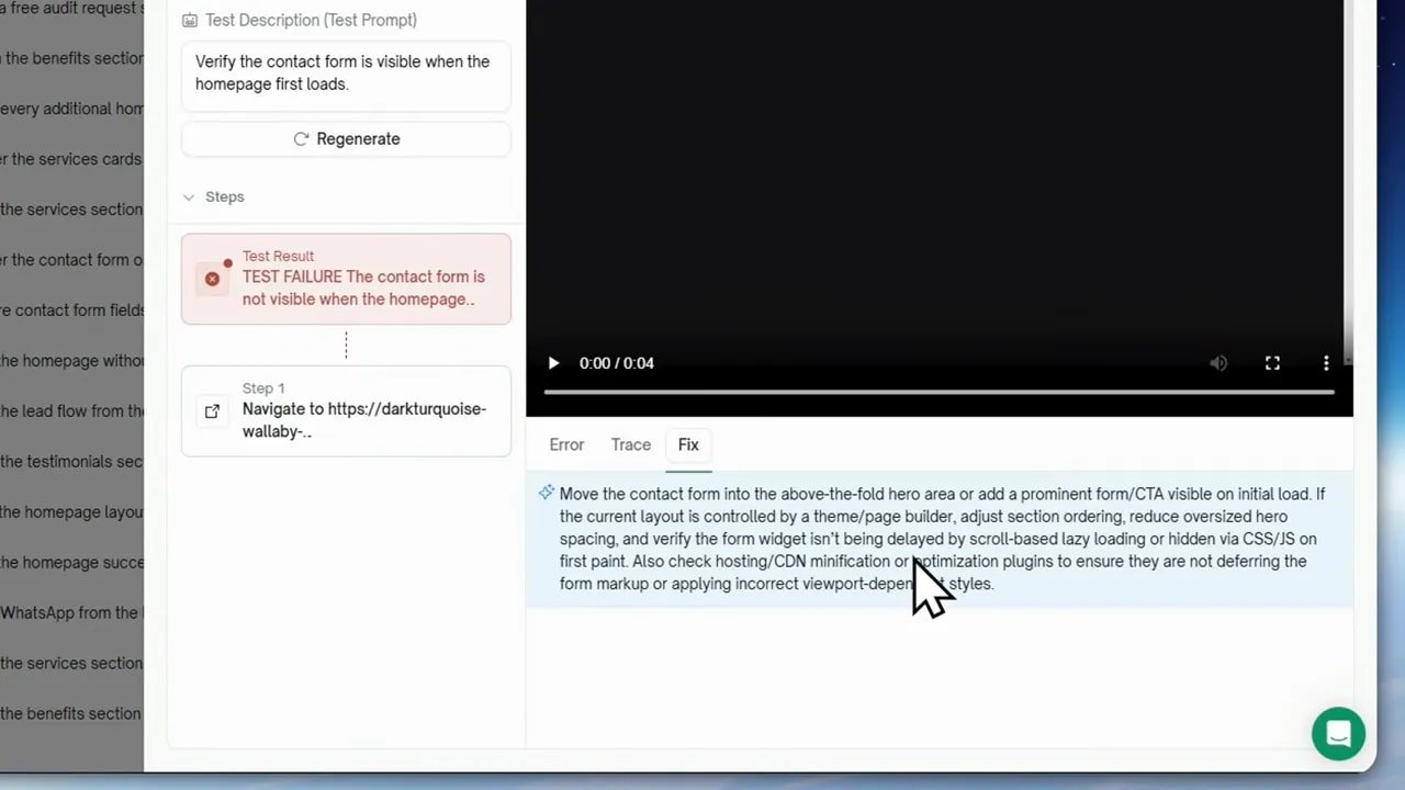 TestSprite 3.0 encuentra bugs ocultos con solo un link y gratis 6 TestSprite mostrando resultado fallido del test y sugerencias de corrección para el formulario de contacto