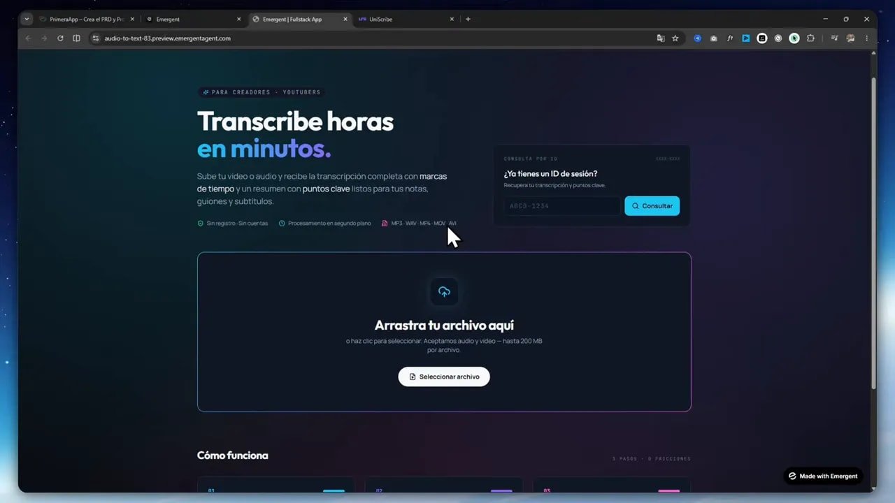 De idea a app con PrimeraApp: cómo convertir una idea en una app web funcional con vibe coding 7 App de transcripción en Emergent con el título 'Transcribe horas en minutos' y el área de carga de audio y video