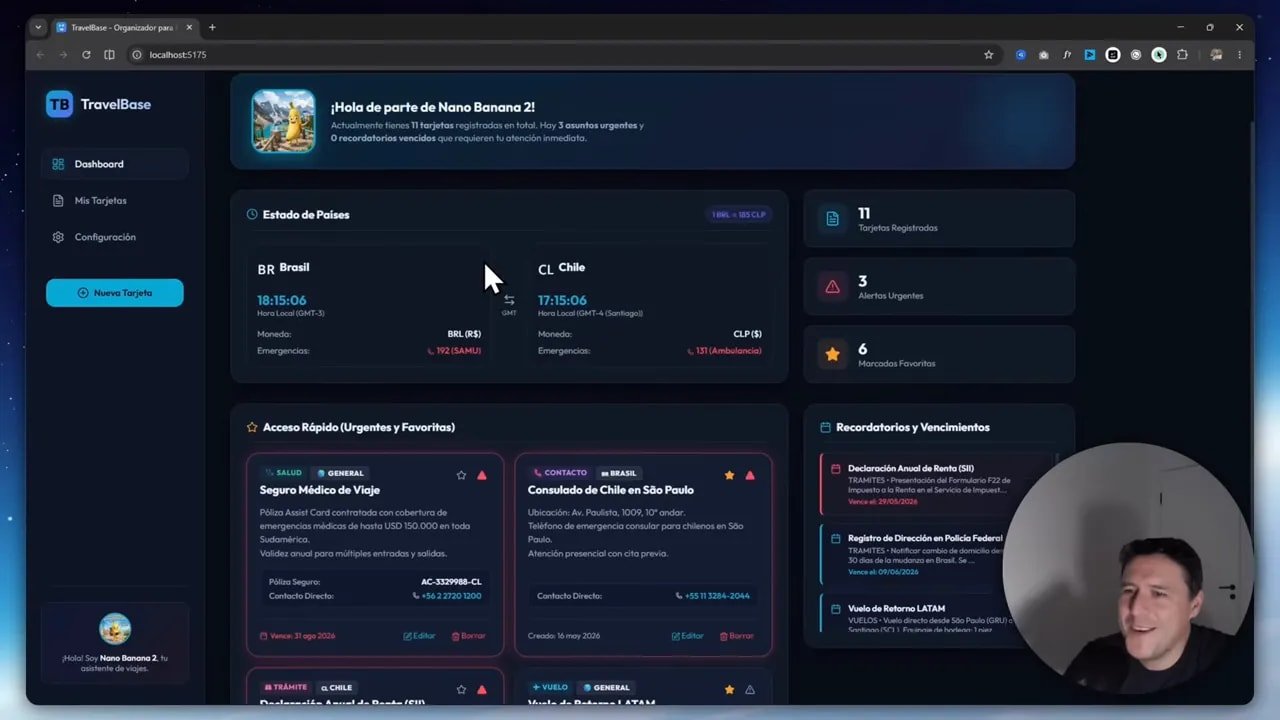 Probé Google Antigravity 2.0 con Gemini 3.5 y no esperaba esto 8 Travel Base mostrando el dashboard principal con estado de países (Brasil y Chile), accesos rápidos y vencimientos