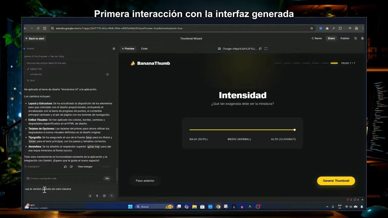 Creando una App de Miniaturas de YouTube con IA usando Google AI Studio 2 Captura de la app BananaThumb en el Wizard de miniaturas con IA mostrando el paso 7: control de intensidad para la miniatura