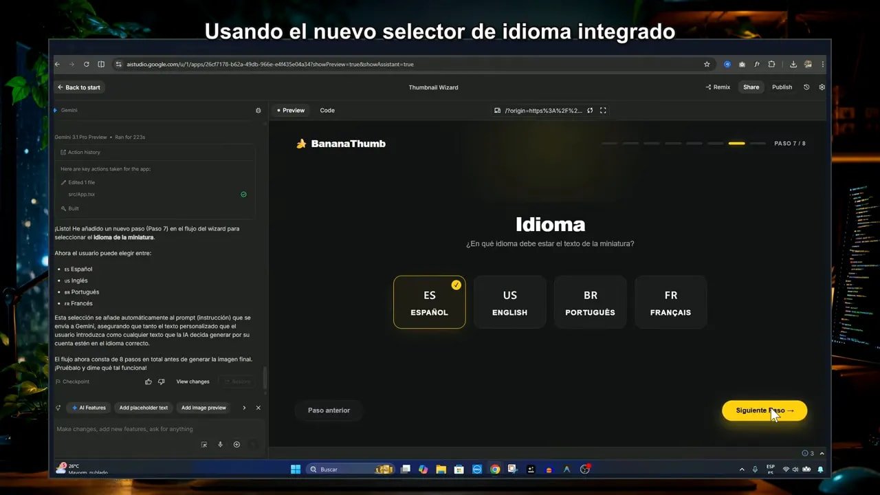 Creando una App de Miniaturas de YouTube con IA usando Google AI Studio 5 Wizard de miniaturas con IA mostrando la opción de idioma (ES seleccionado) paso 7