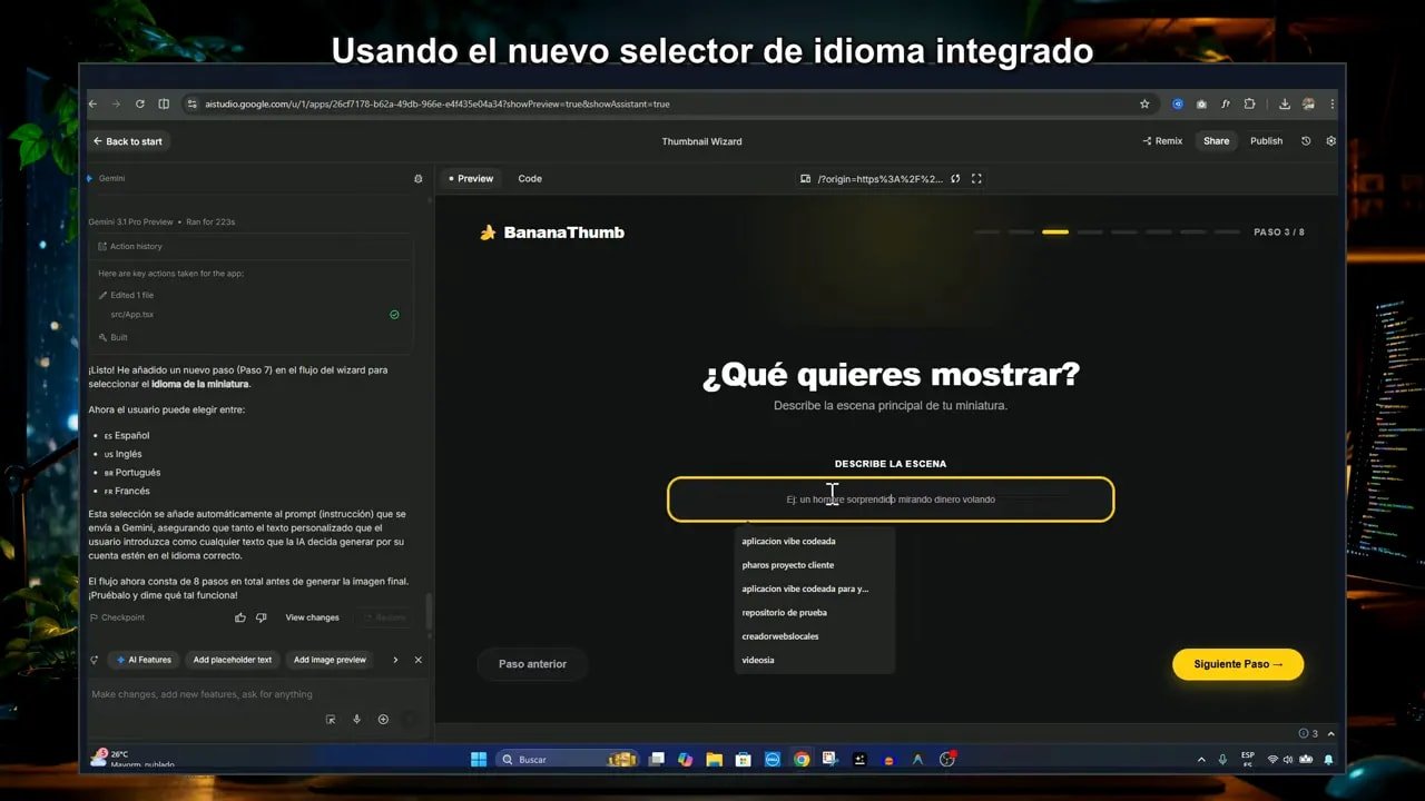 Creando una App de Miniaturas de YouTube con IA usando Google AI Studio 4 Captura del wizard de miniaturas con IA donde se indica '¿Qué quieres mostrar?' y el campo 'Describe la escena'