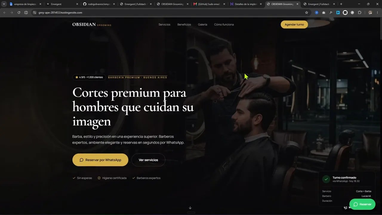 Interfaz de edición con la web de barbería y un mensaje para ajustar el brillo de la imagen principal