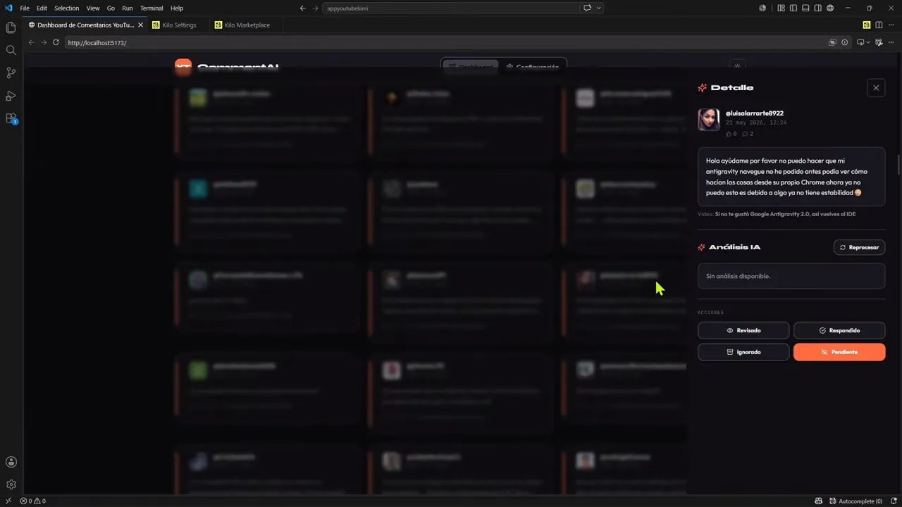 Creé una app web real con Kimi K2.6 y gasté menos de $2 4 Aplicación de comentarios en modo oscuro con panel lateral de análisis y botón de reprocesar
