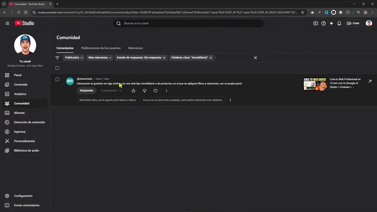 Creé una app web real con Kimi K2.6 y gasté menos de $2 7 Página de YouTube Studio con un comentario resaltado que sugiere una web tipo inmobiliaria