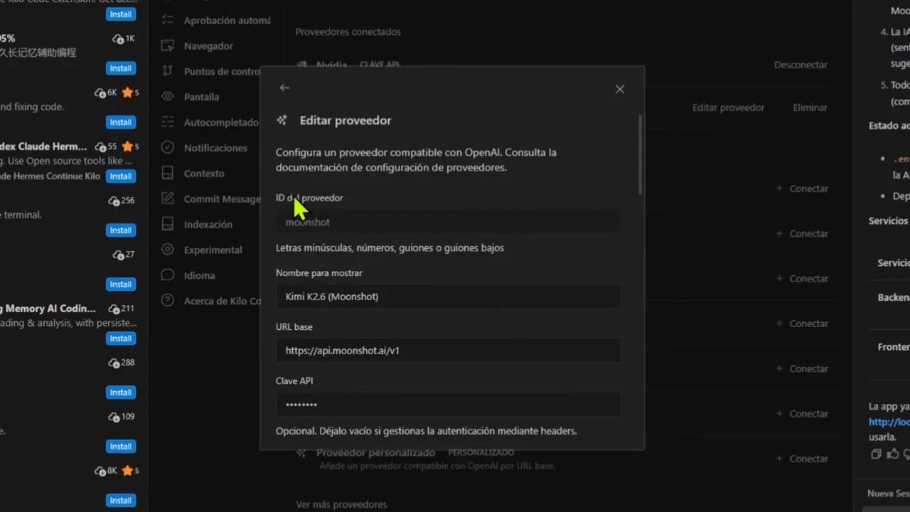 Creé una app web real con Kimi K2.6 y gasté menos de $2 2 Ventana de configuración de proveedor personalizado en VS Code con campos para nombre, URL y modelo