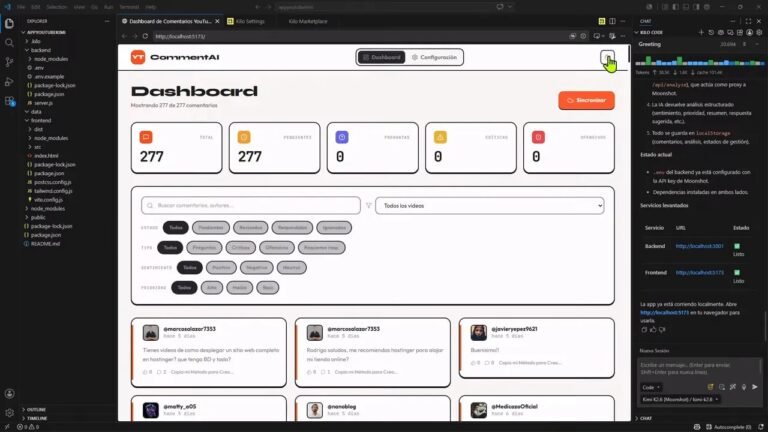 Dashboard de comentarios en modo claro con métricas, filtros y tarjetas