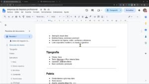 Documento con secciones de tipografía, paleta y estructura de una web