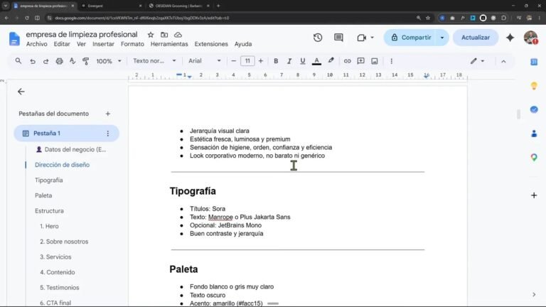 Así creo webs para clientes en minutos con Claude Opus 4.8 1 Documento con secciones de tipografía, paleta y estructura de una web
