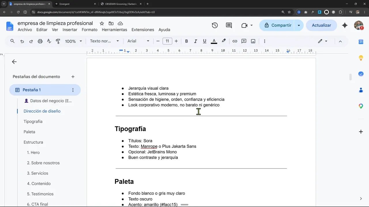 Documento con secciones de tipografía, paleta y estructura de una web