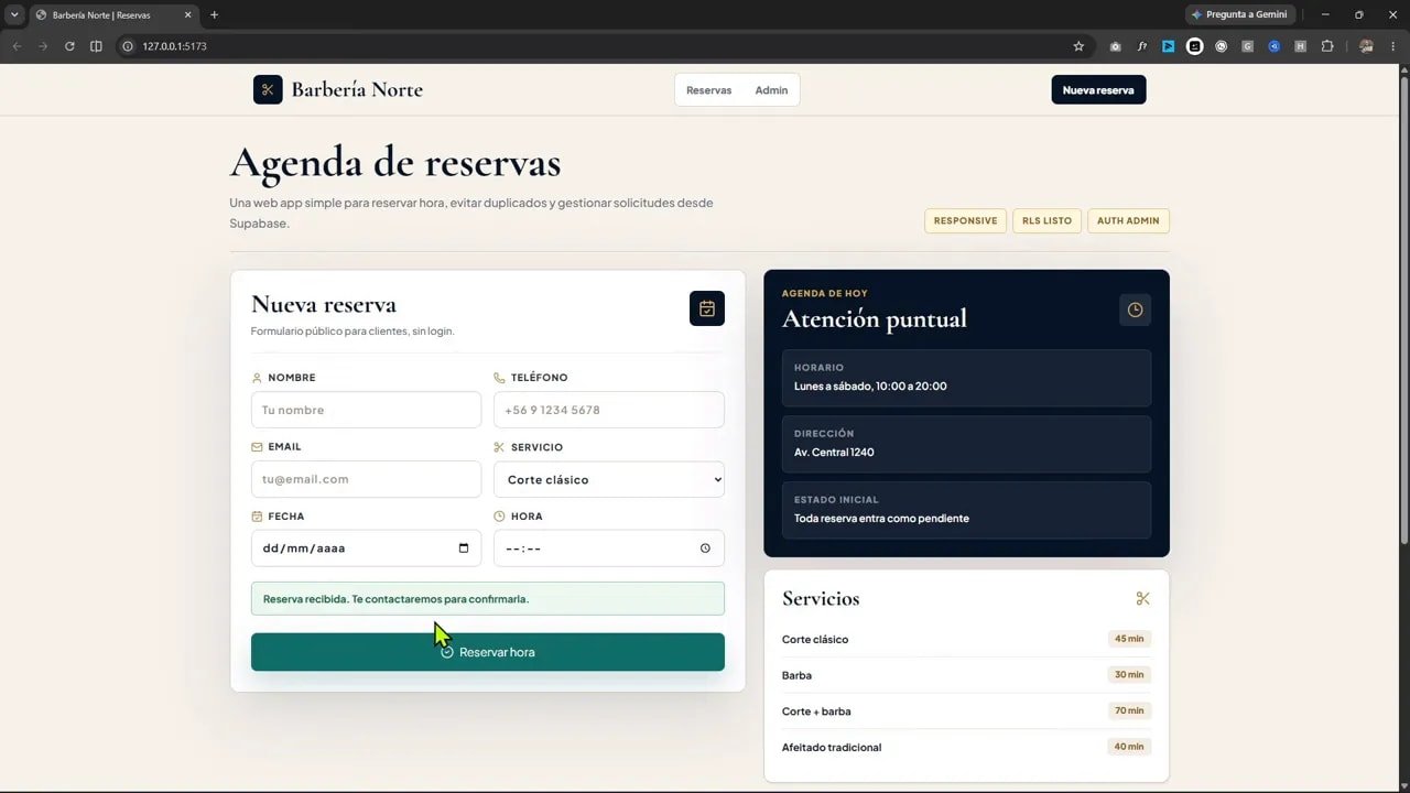 Formulario de nueva reserva completado en la app de barbería