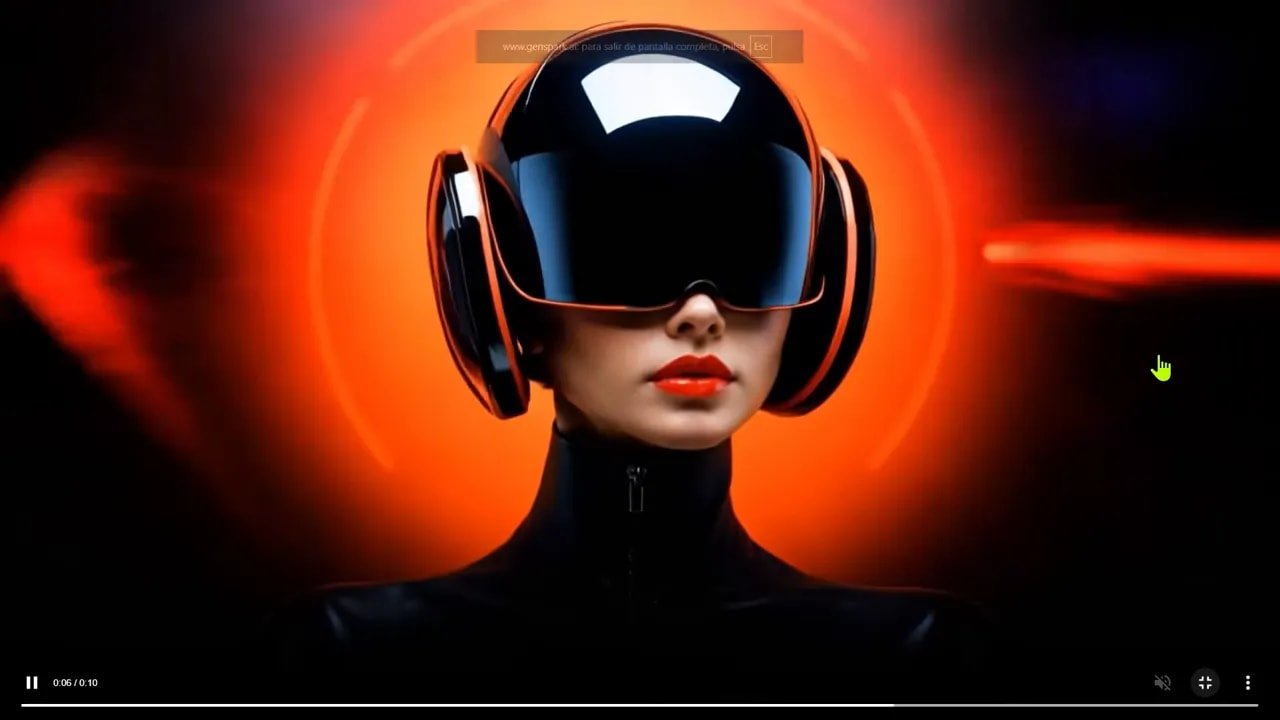 Fotograma del video animado con mujer futurista centrada sobre halo rojo