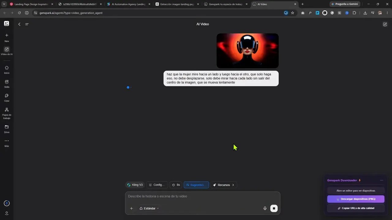 Interfaz de Genspark con imagen cargada y panel de generación de video