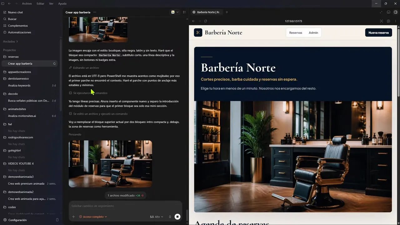 Vista previa de la app con sección principal Barbería Norte e imagen de barbería