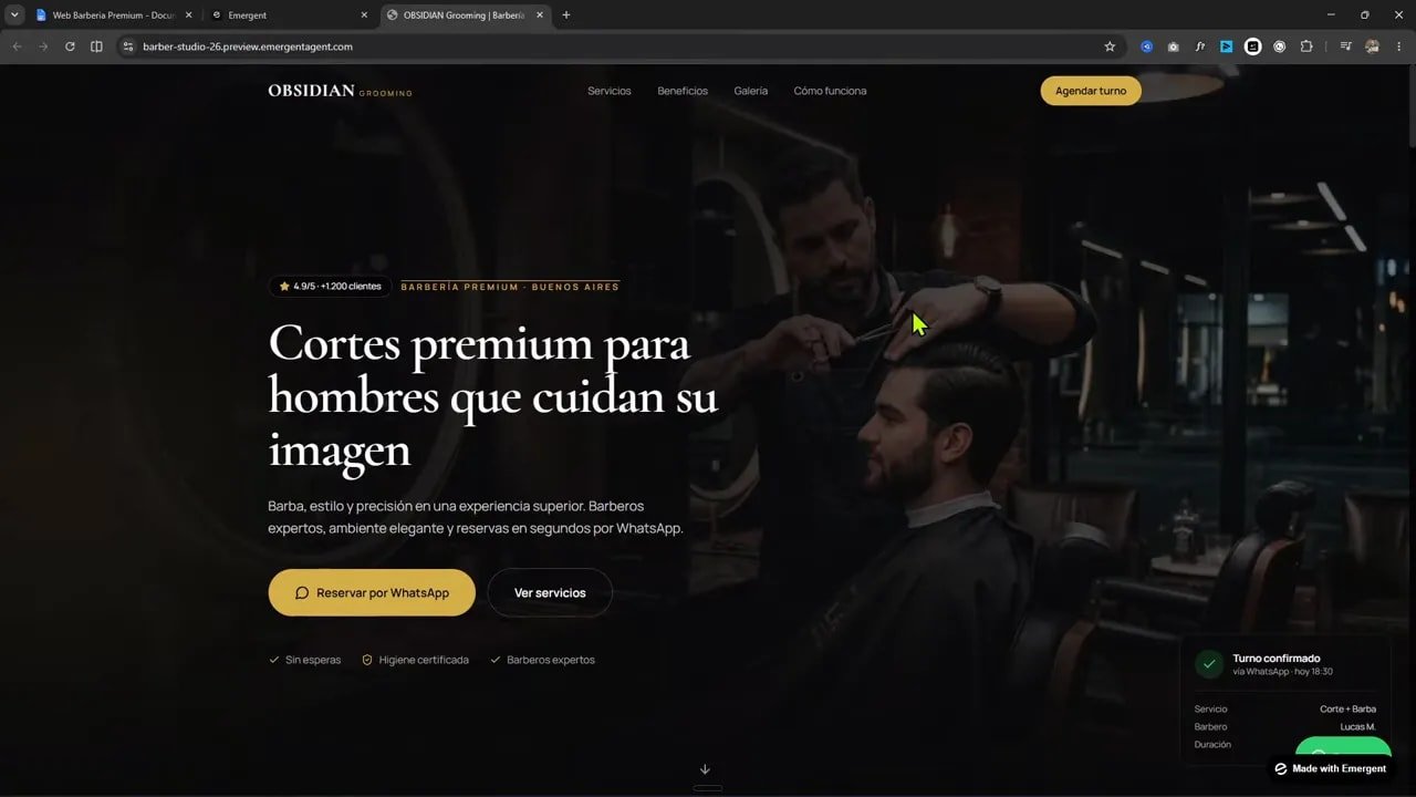 Portada de una web de barbería con fondo oscuro, botón amarillo e imagen de un corte de pelo