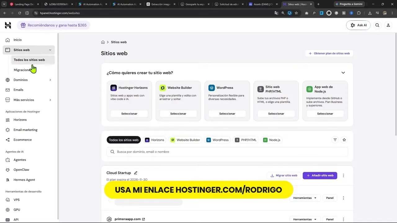 Panel de Hostinger con opciones para crear y desplegar un sitio web