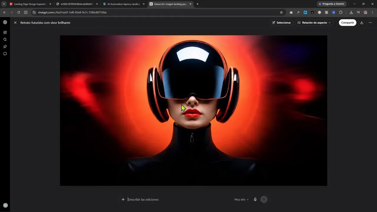Imagen generada de una mujer con visor futurista sobre fondo rojo y negro