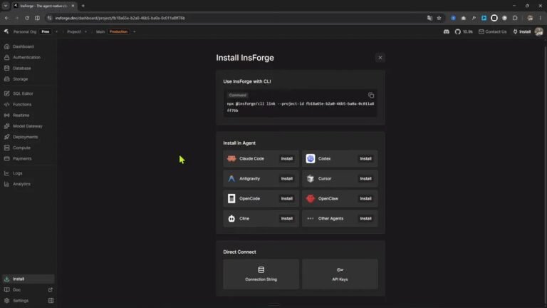 Panel de instalación de InsForge con opciones para varias herramientas y agentes