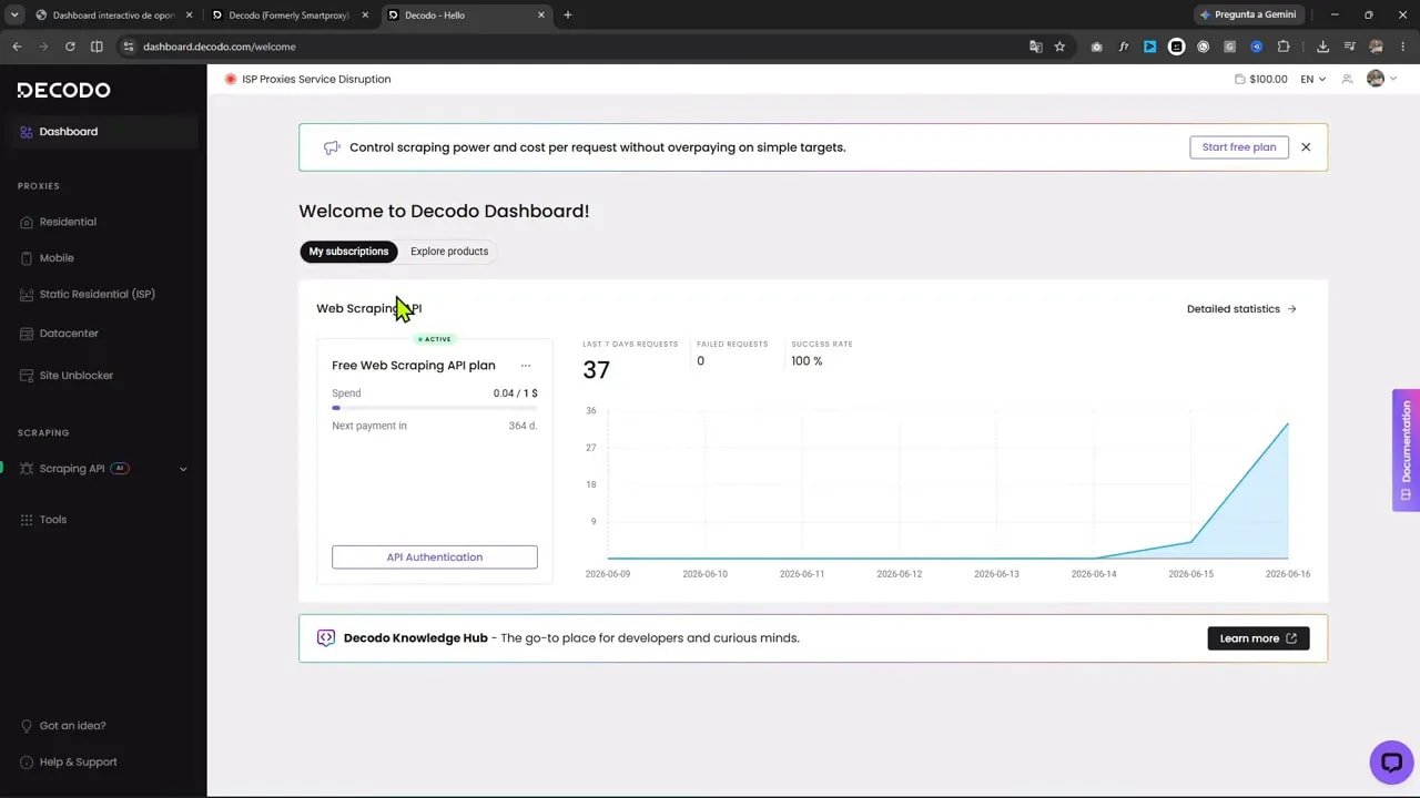 Panel de Decodo con métricas de uso de Web Scraping API y gráfico de crecimiento