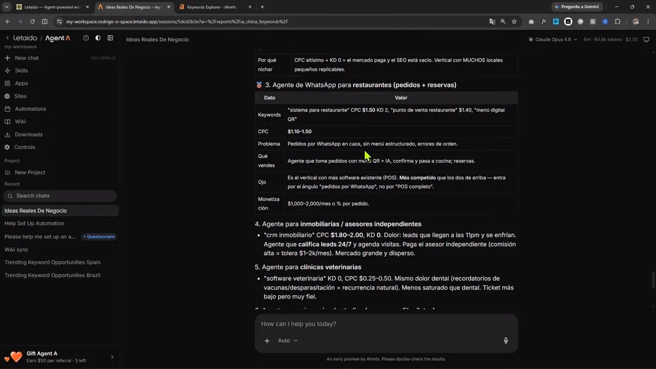 Cómo encontrar un negocio de IA real usando Ahrefs Agent A 3 Respuesta de Agent A con lista de nichos específicos para agentes de WhatsApp