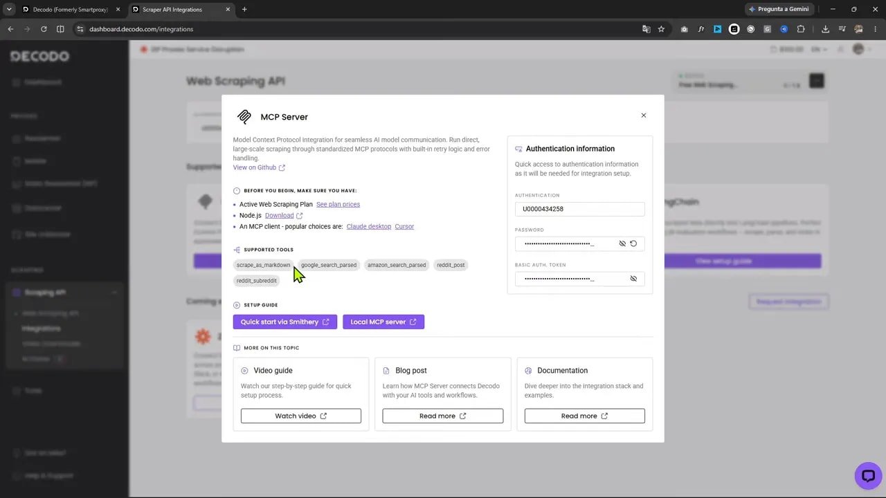 Panel de Decodo con la página del servidor MCP y opciones de configuración