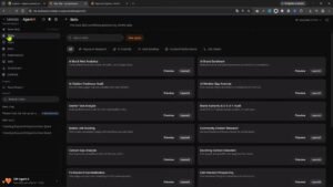 Panel oscuro con tarjetas de skills y categorías en la interfaz de Agent A