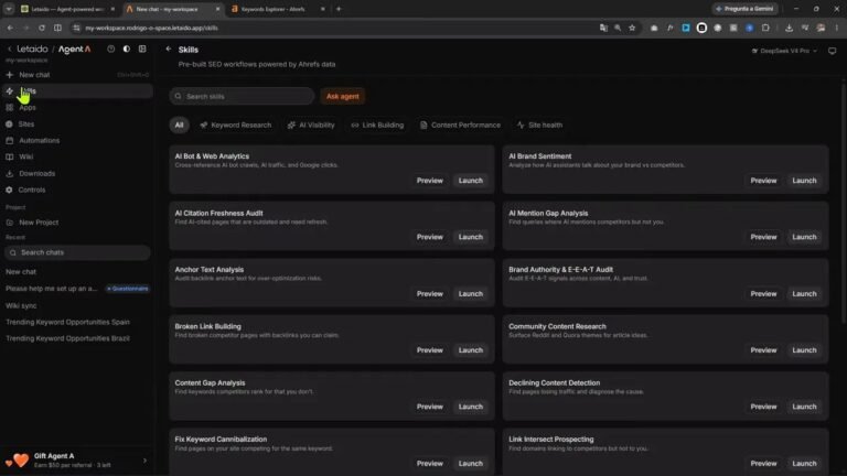 Panel oscuro con tarjetas de skills y categorías en la interfaz de Agent A