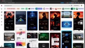 Resultados de Pinterest con diseños de landing page oscuros y futuristas
