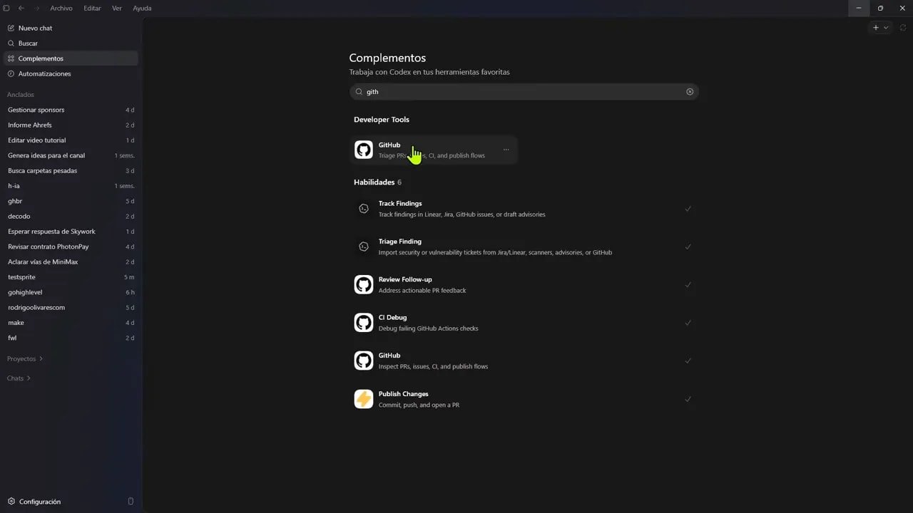 Pantalla de complementos mostrando GitHub para instalar