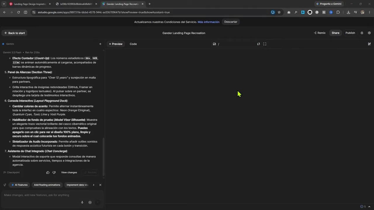 Interfaz de Google AI Studio con una landing generada de fondo oscuro y texto en rojo