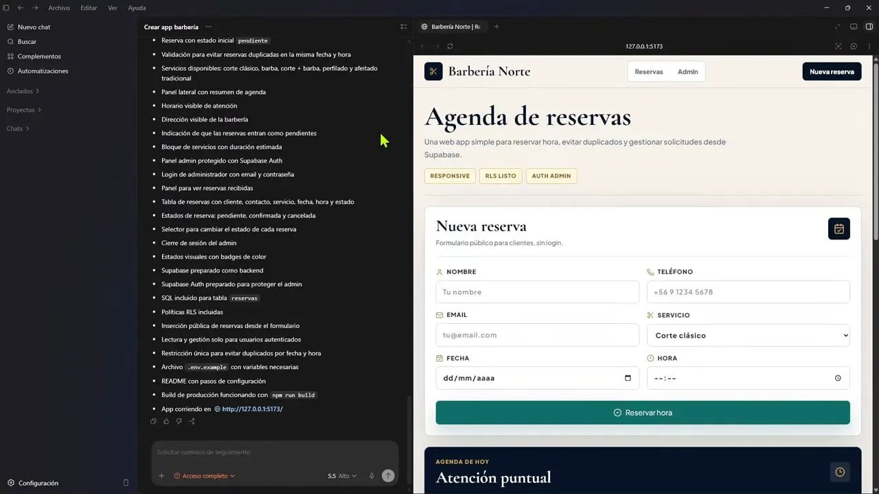 Vista previa de la app Barbería Norte con agenda de reservas y formulario