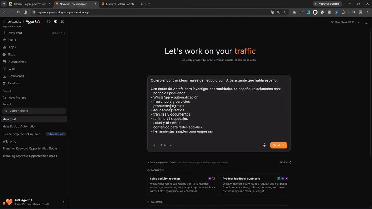 Cómo encontrar un negocio de IA real usando Ahrefs Agent A 2 Cuadro de prompt abierto en Agent A con una instrucción larga para buscar ideas de negocio