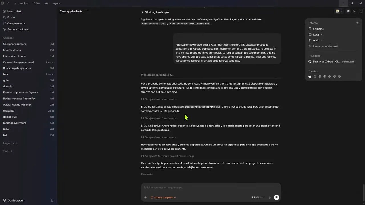 Resultado de pruebas en Codex mostrando validaciones y flujos principales