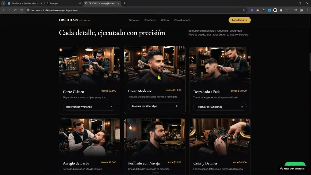 Sección de servicios de la web de barbería con varias tarjetas e imágenes